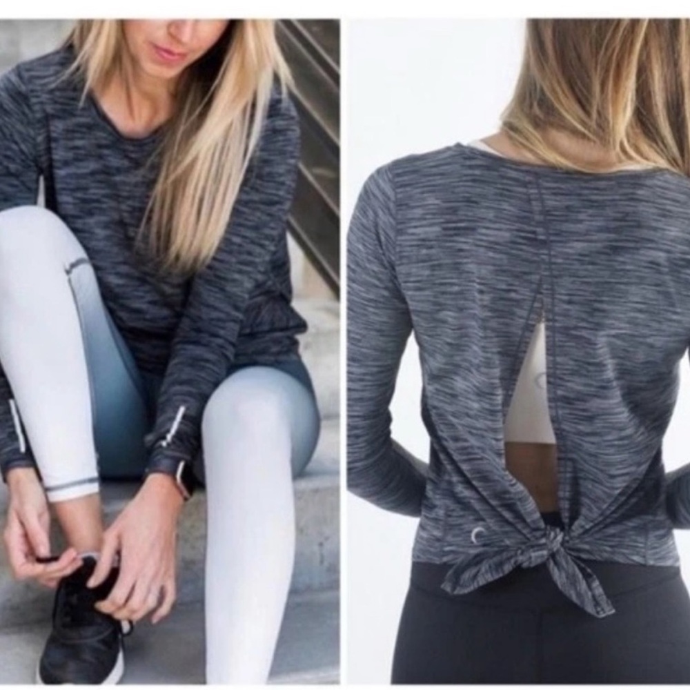 Zyia  Women’s Charcoal Split Back Long Sleeve Top black/gray/white  size small